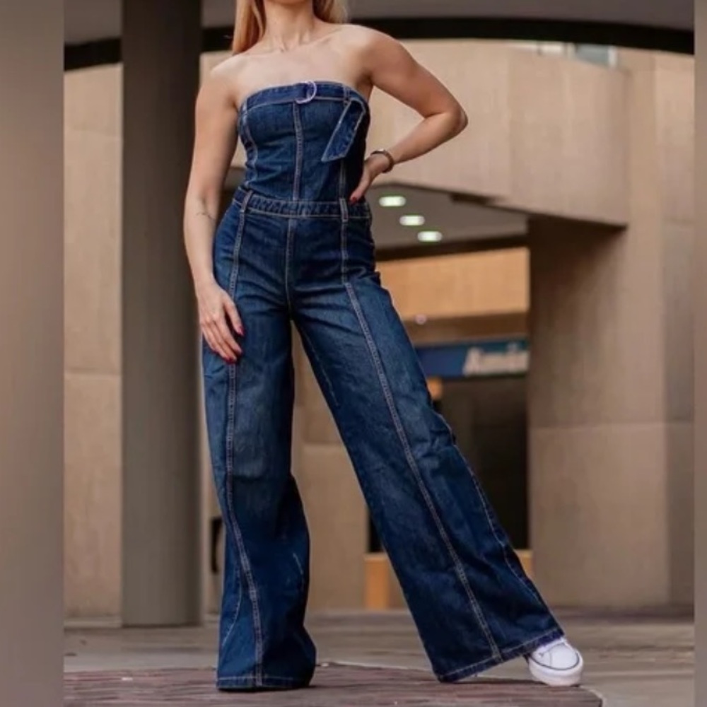 ZARA Dark Wash Strapless Belted Wide Leg Jumpsuit